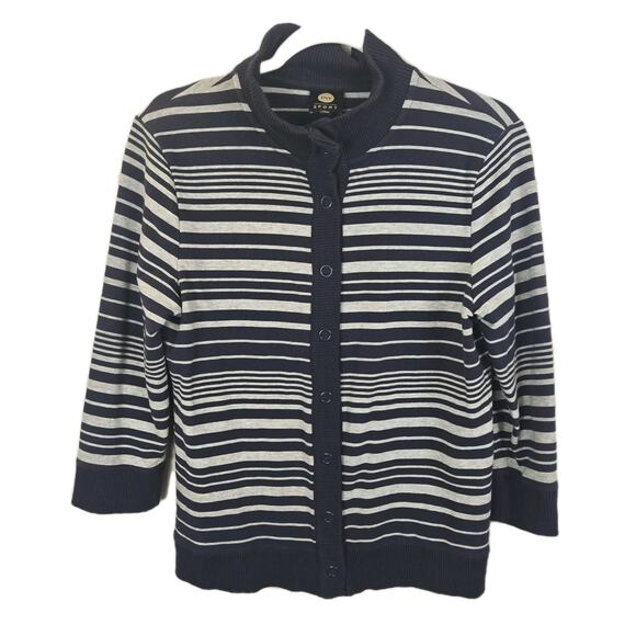 Jones New York Sport Cardigan Size M Blue White Stripe Snap Front PREPPY CLASSIC - Picture 1 of 9
